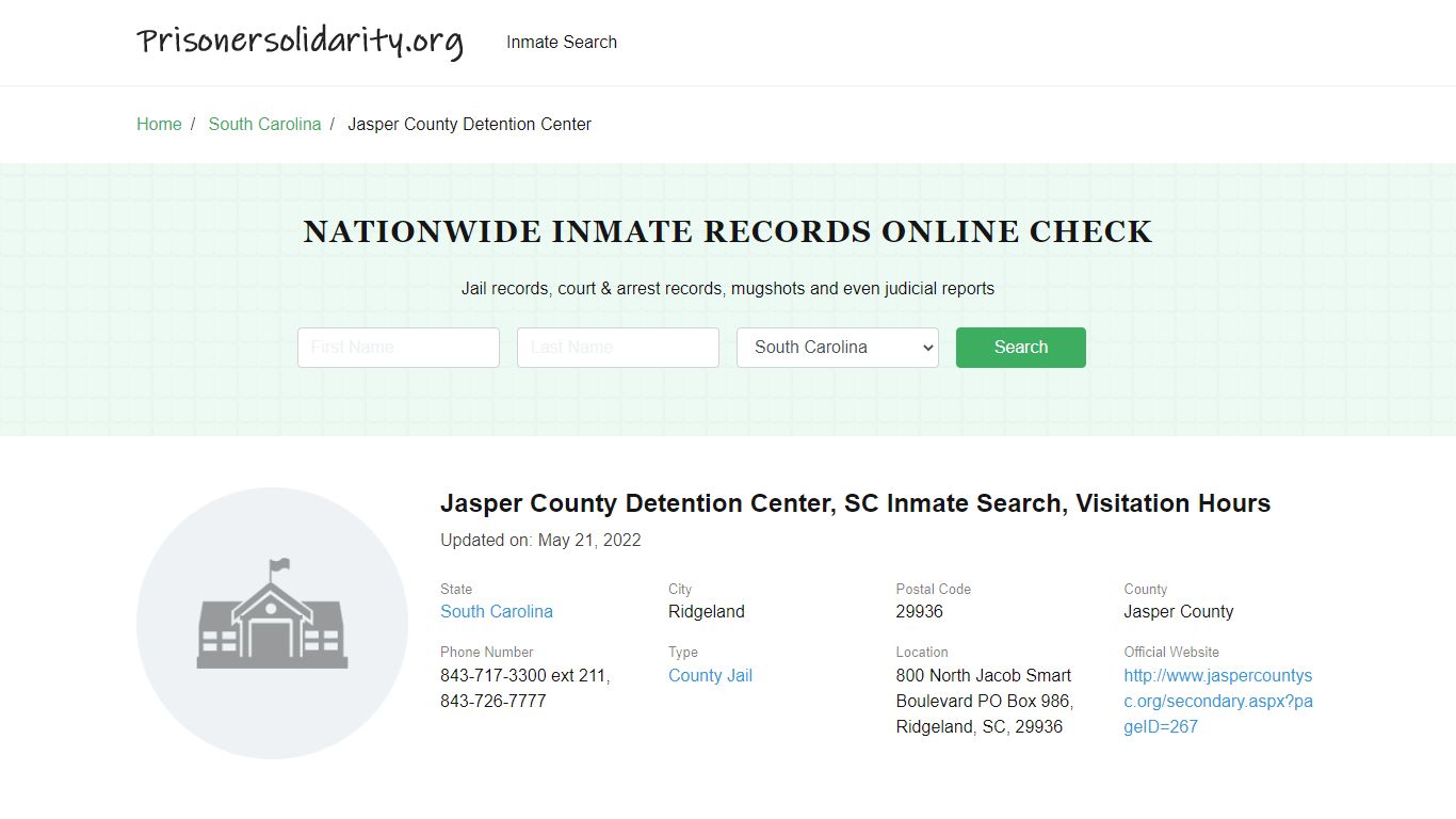 Jasper County Detention Center, SC Inmate Search, Visitation Hours